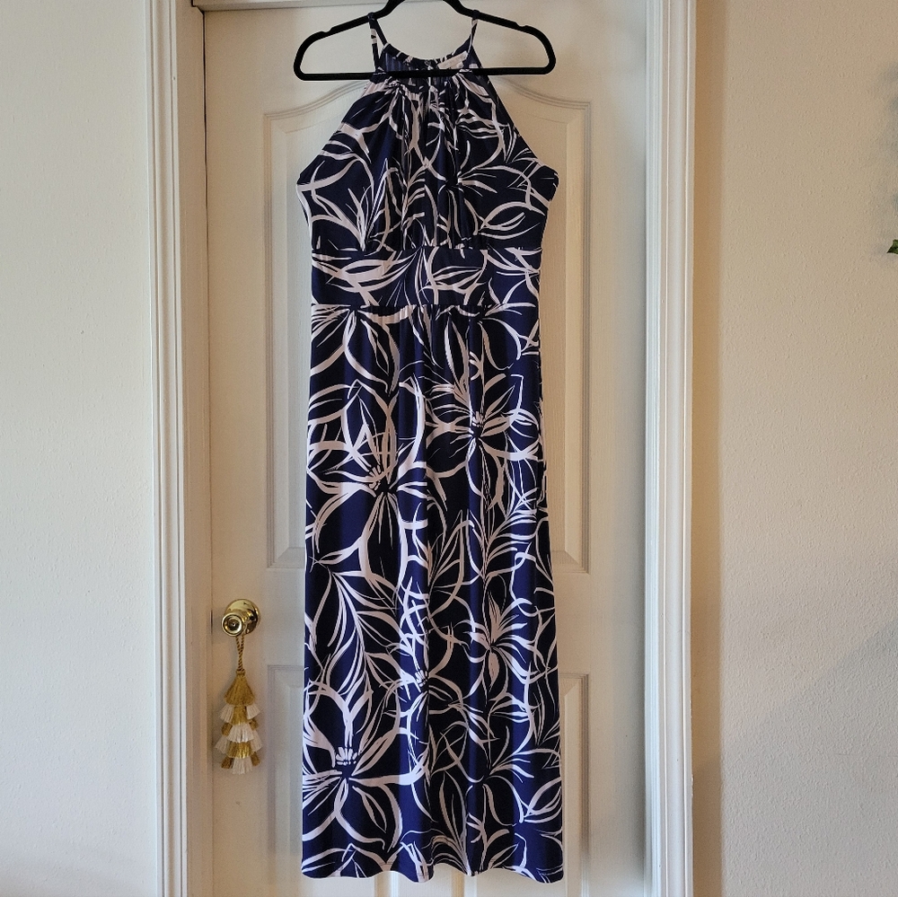 London Times Maxi Dress Navy Blue White Floral Print 14 Stretchy Soft Flowers - Picture 3 of 6